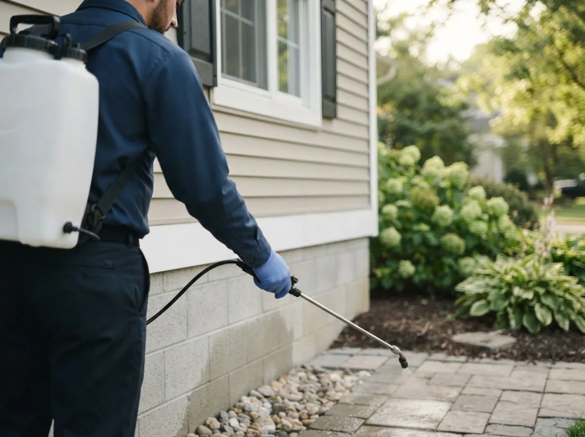 Pest control technician inspecting a home in Granville, NY